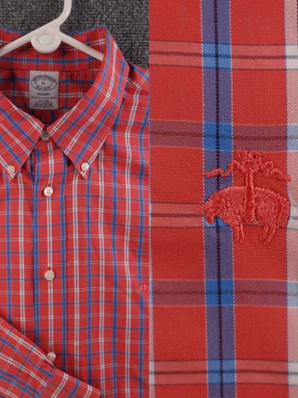 Brooks Brothers Red Blue XL Non-Iron Button-Down Plaid Regent Cotton Long Sleeve